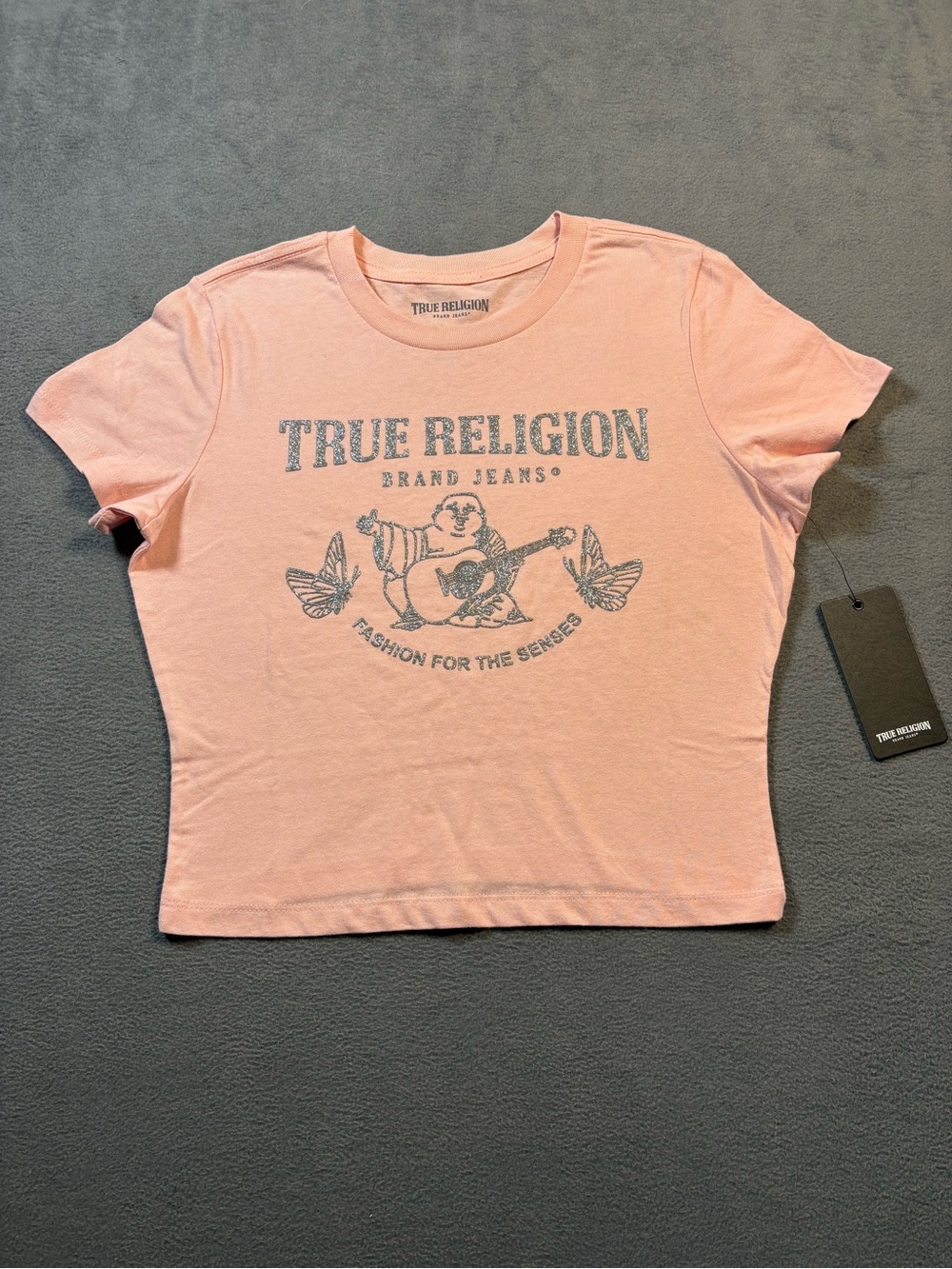 True Religion Pink Graphic Logo Cropped Tee